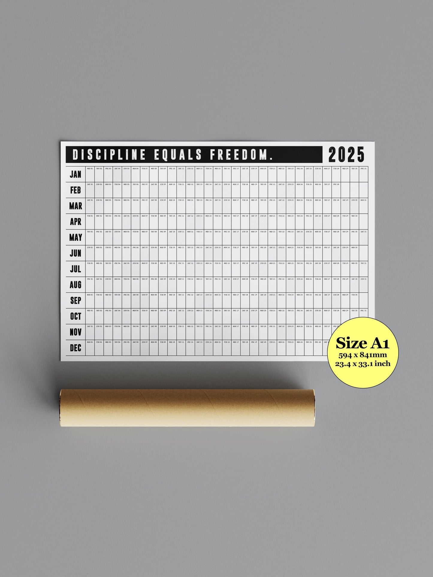 Discipline Equals Freedom | 2025 Block Year Planner | 2025 Wall Calendar | Monthly Planner | 2025 Year Planner | Horizontal A1 | Office
